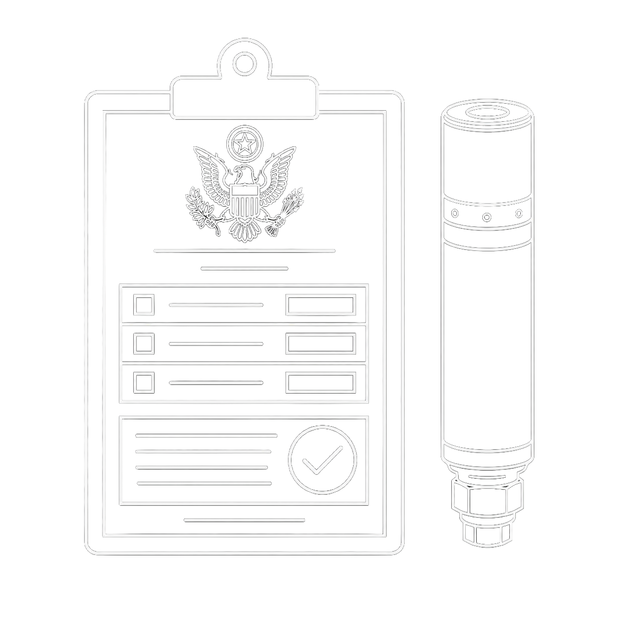 Neon outline of a government identification badge with an eagle emblem and a checkmark, next to a cylindrical security camera on a black background.