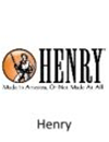 Henry logo featuring a silhouette of a person with a fishing rod in front of a sunset or sunrise over a field or natural landscape.