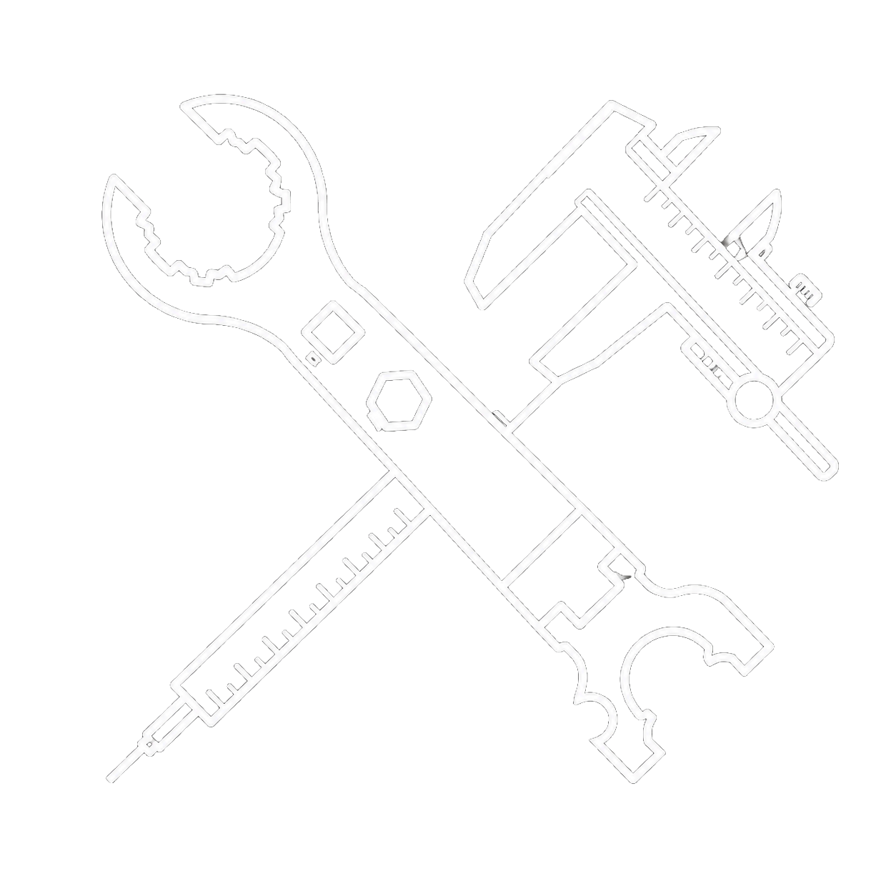 Outline drawing of a wrench, a caliper, and a syringe crossing each other on a black background.