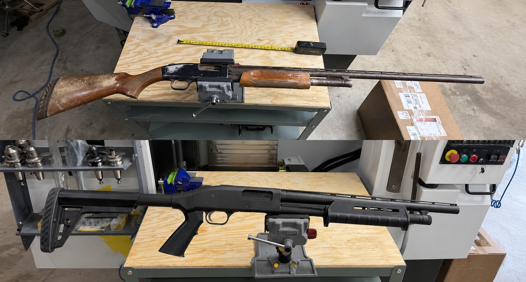 Comparison of two firearms, an older lever-action rifle with wooden stock and metal barrel in the top image, and a modern tactical shotgun in the bottom image, both placed on workbenches with measuring tools and equipment in a workshop setting.