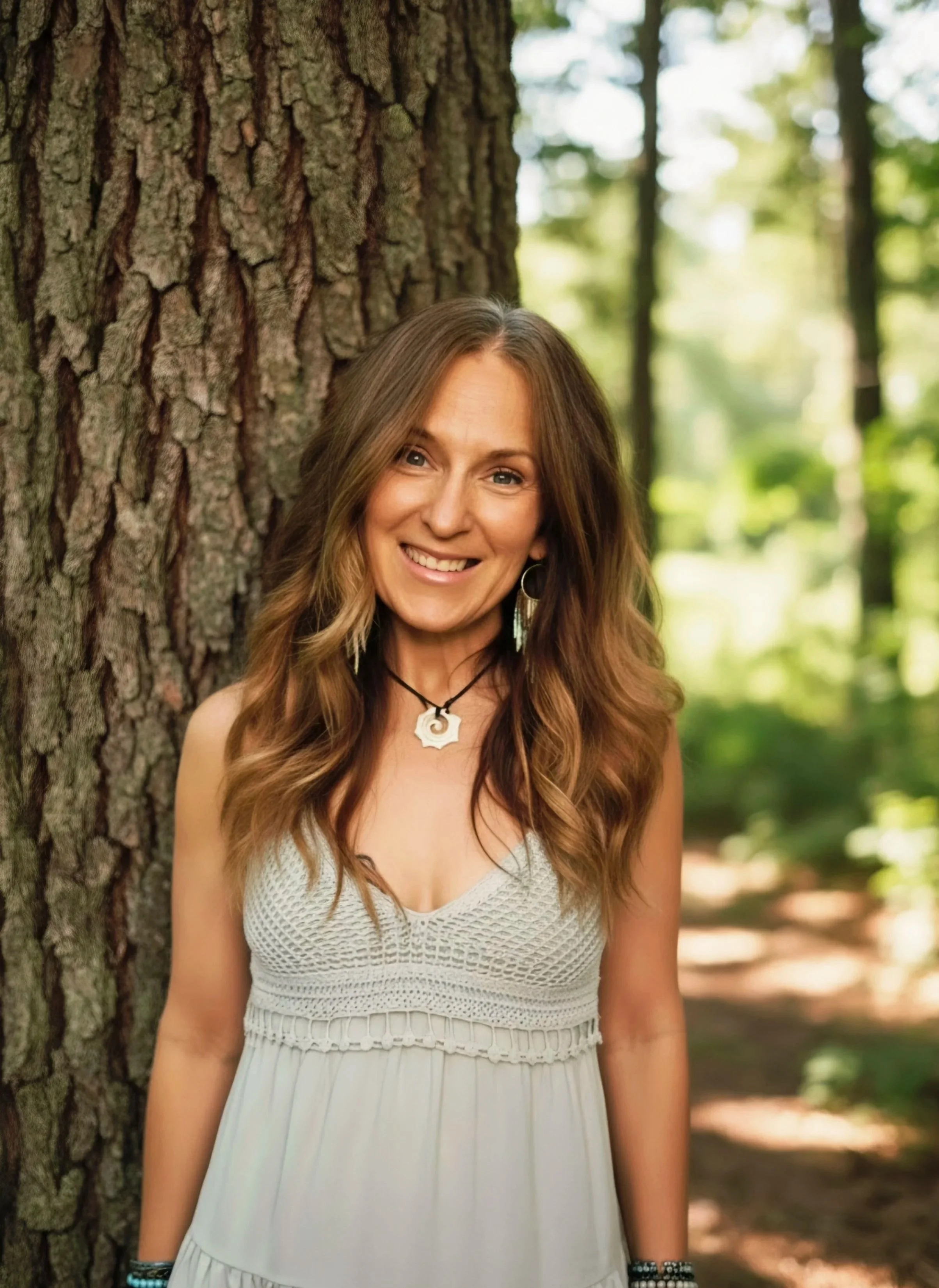 A smiling woman with long wavy brown hair standing outdoors in a wooded area, leaning against a tree trunk, wearing a white crochet dress and jewelry.