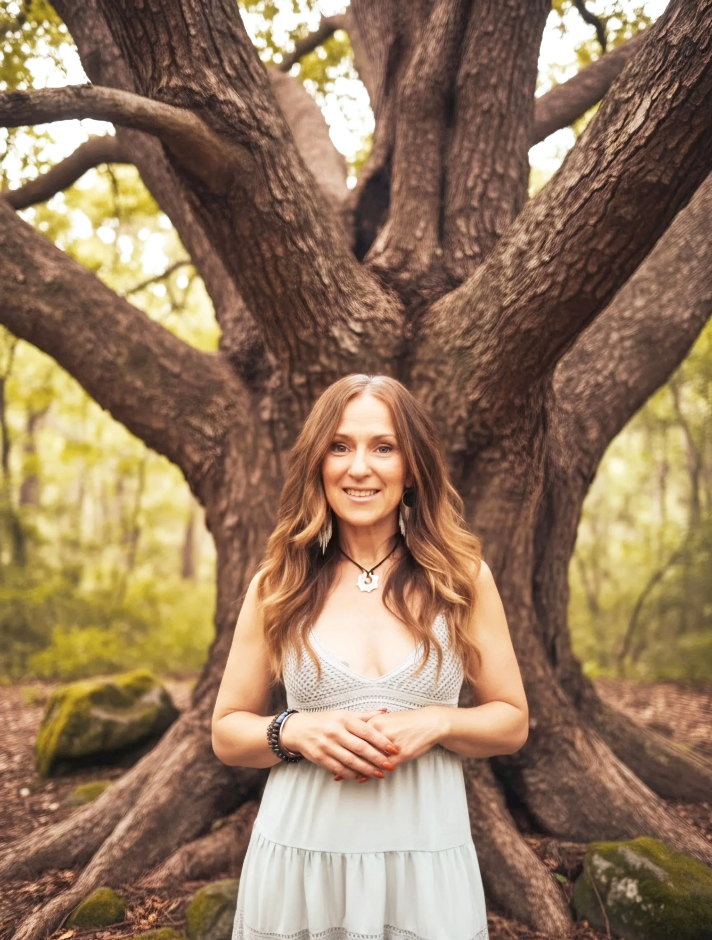 Woman with long brown hair wearing a white dress and jewelry, standing in front of a large tree with expansive branches in a forest.