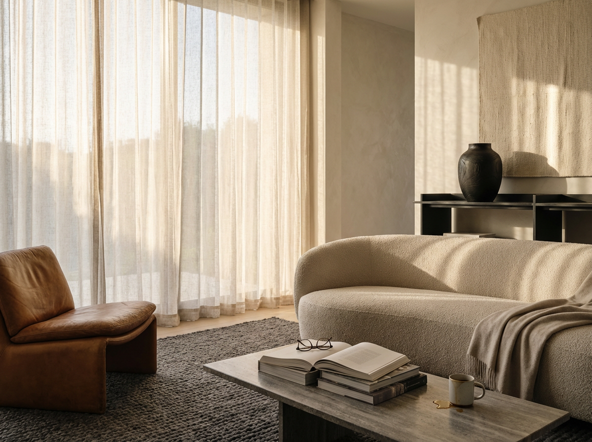 A living room with beige curtains, a cream-colored sofa, a brown leather armchair, a coffee table with books, glasses, a mug, and a key, a textured wall hanging, and a dark decorative vase on a black shelf.