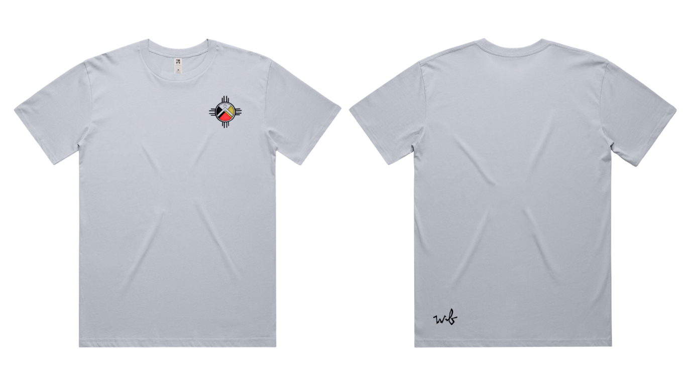 Light gray T-shirt with a small, colorful logo on the front left chest area and a signature on the back lower right side.