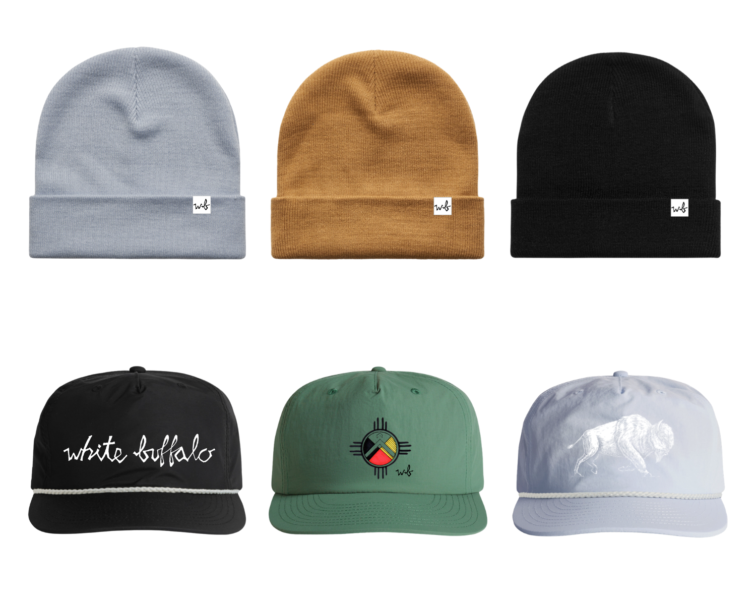 Six hats: three beanies at the top in gray, tan, and black, and three caps at the bottom in black, green, and light gray. The black cap has 'white buffalo' embroidered on it, the green cap features a colorful logo, and the light gray cap has a white lion illustration.