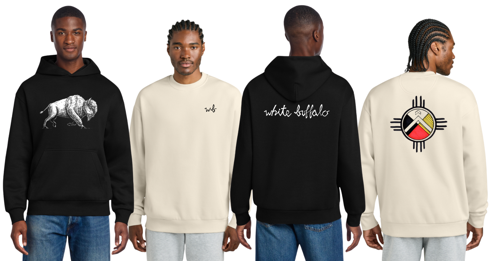 Four men standing side by side, wearing different hoodies with various designs and text, against a plain white background.