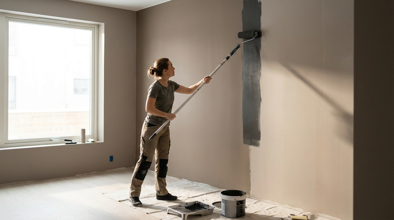 A woman painting a wall with a roller in a room with a large window, a bucket of paint on the floor, and painting supplies nearby.