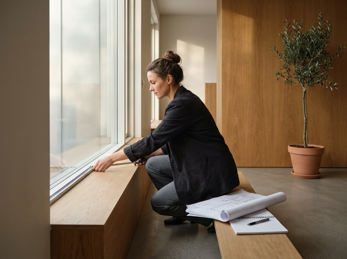 A woman in a black blazer and gray pants kneels on a wooden bench, measuring the window ledge with a tape measure. She has a bun hairstyle and is surrounded by blueprints, notebooks, and a pen in a modern, stylish room with wooden walls and a large potted plant.