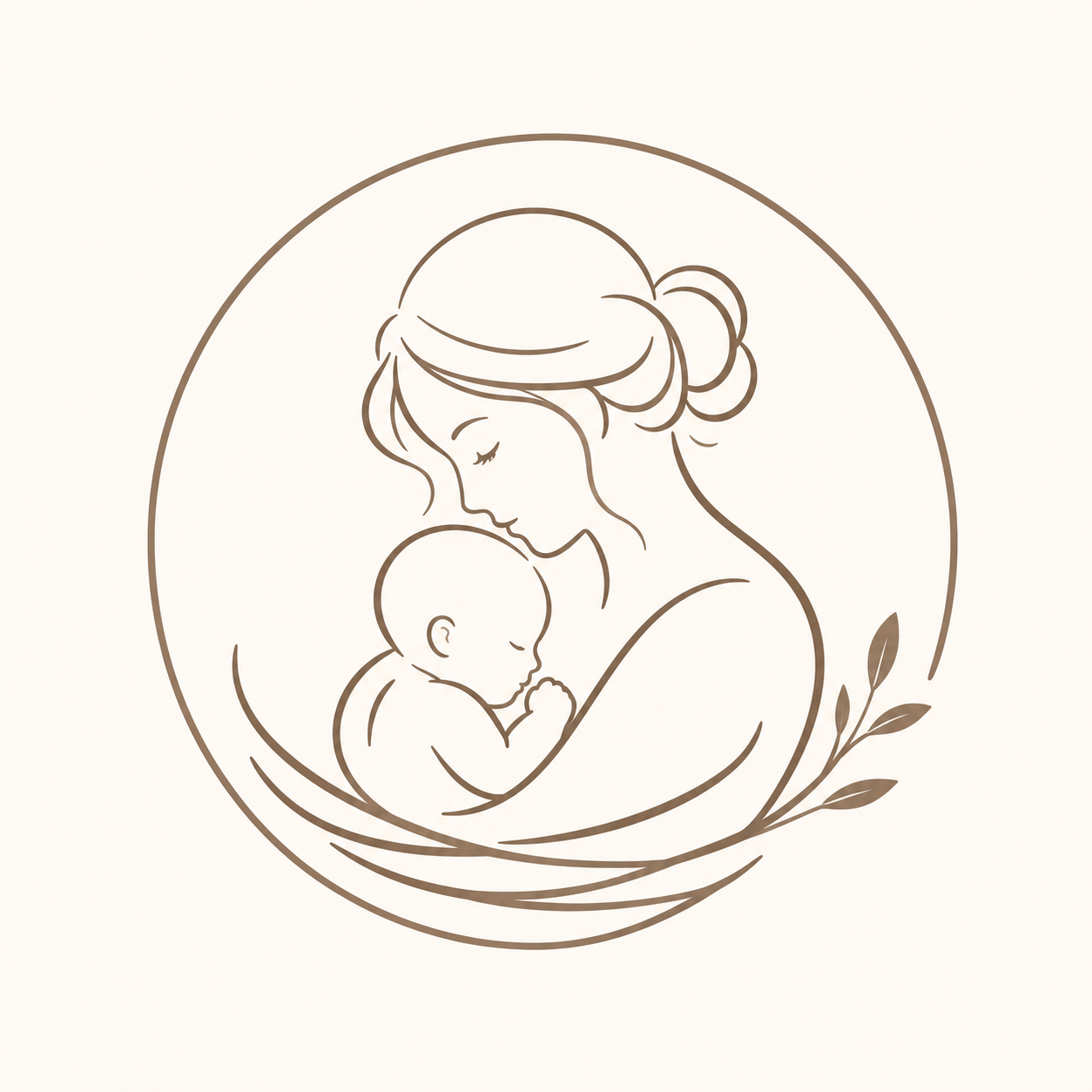 Line drawing of a mother holding her sleeping baby close, surrounded by a circular border with a small branch with leaves.
