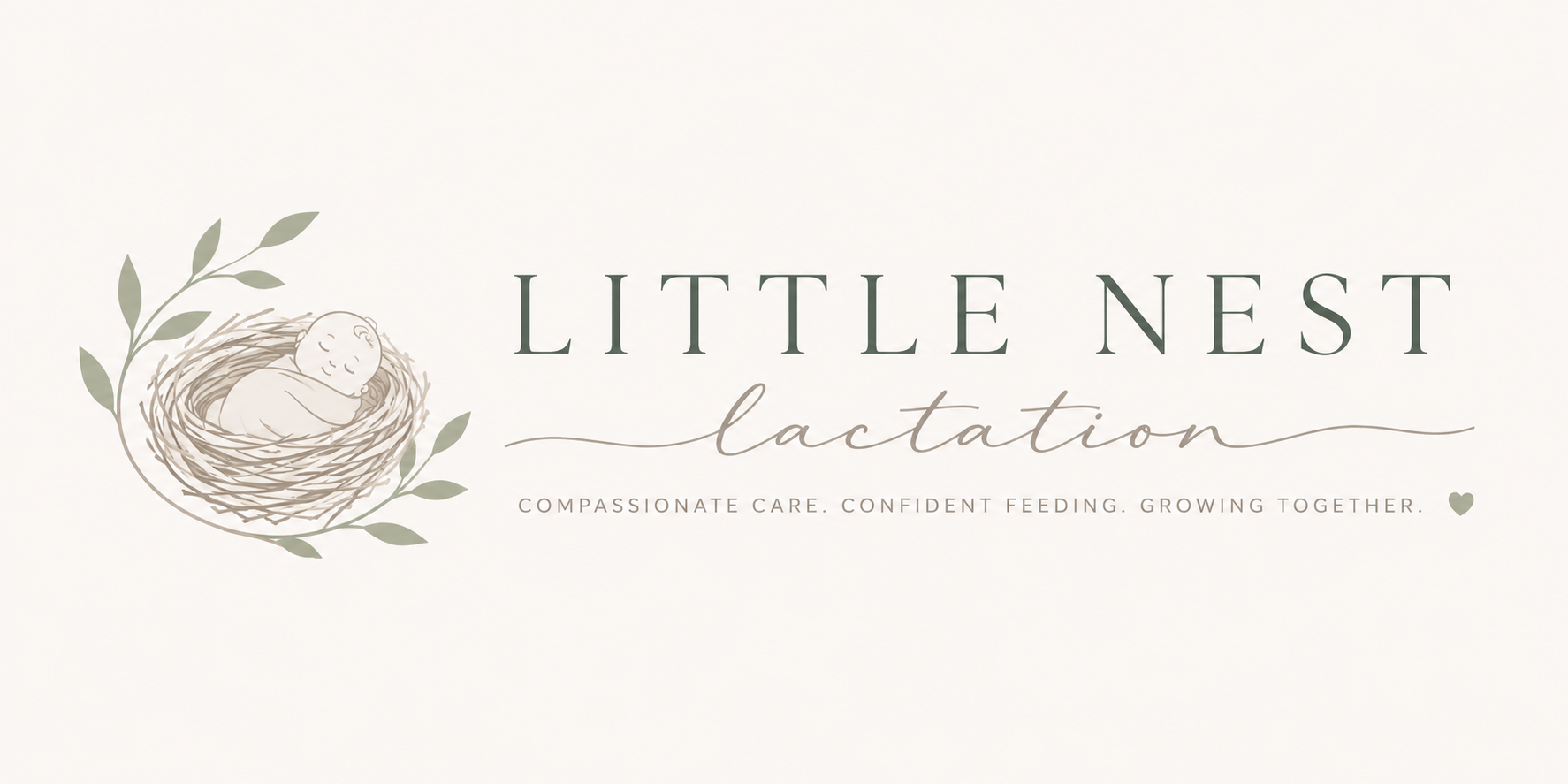 Logo for Little Nest Lactation featuring an illustration of a baby in a nest surrounded by leaves, with the text 'Little Nest Lactation' and the tagline 'Compassionate care. Confident feeding. Growing together.'