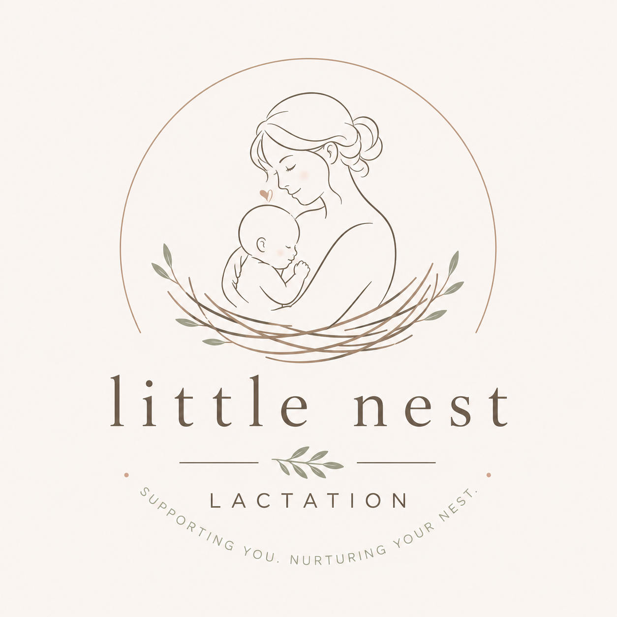 Logo for Little Nest Lactation featuring an illustration of a mother holding a sleeping baby, surrounded by a nest with leaves, with the text 'little nest' and 'LACTATION' and the slogan 'Supporting you. Nurturing your nest.'