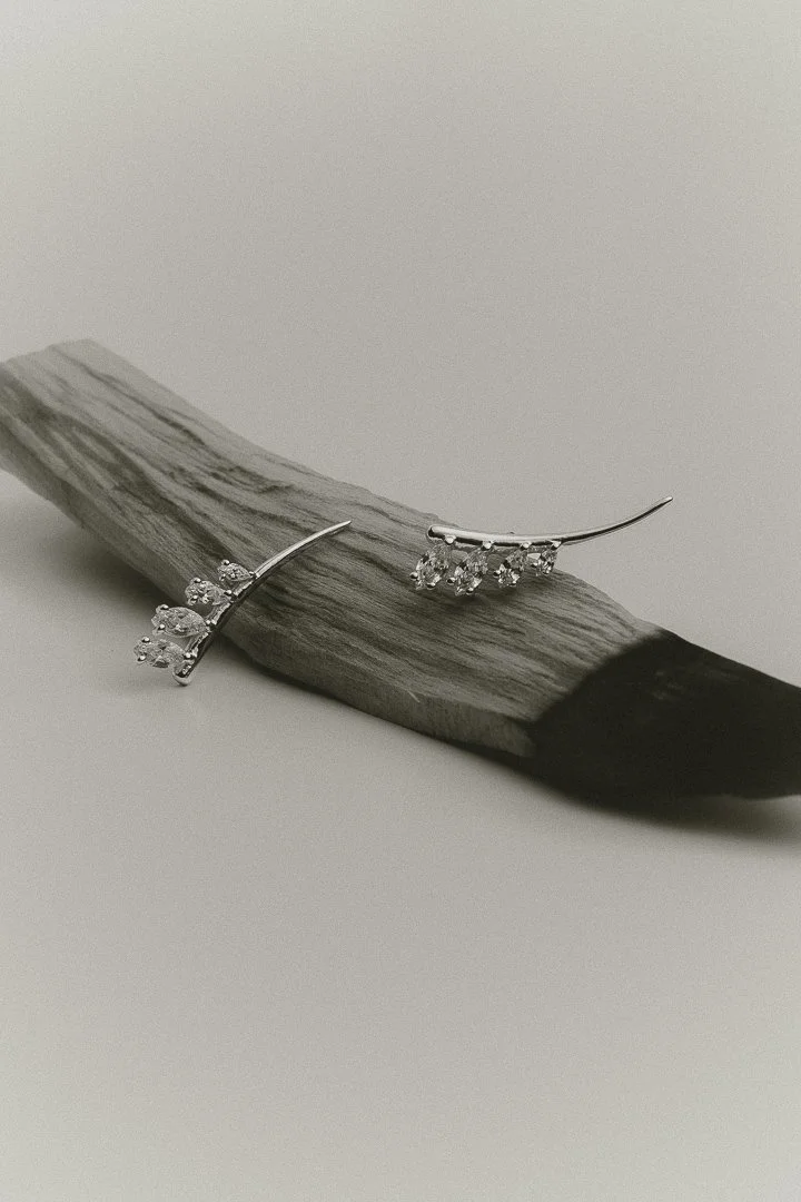 Silver earrings with small gemstones resting on a piece of wood.