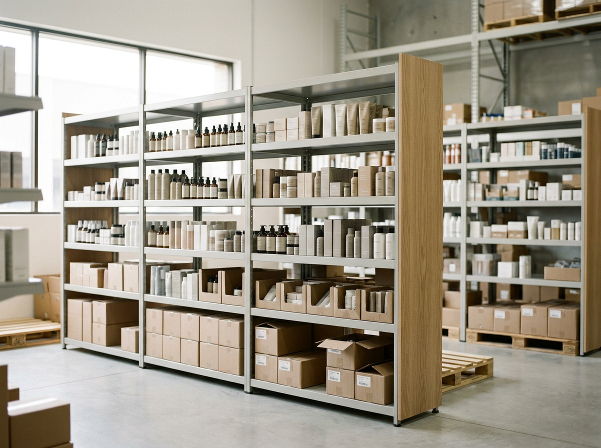 Warehouse with metal shelving units holding various bottles, boxes, and packages, with a large window letting in natural light.