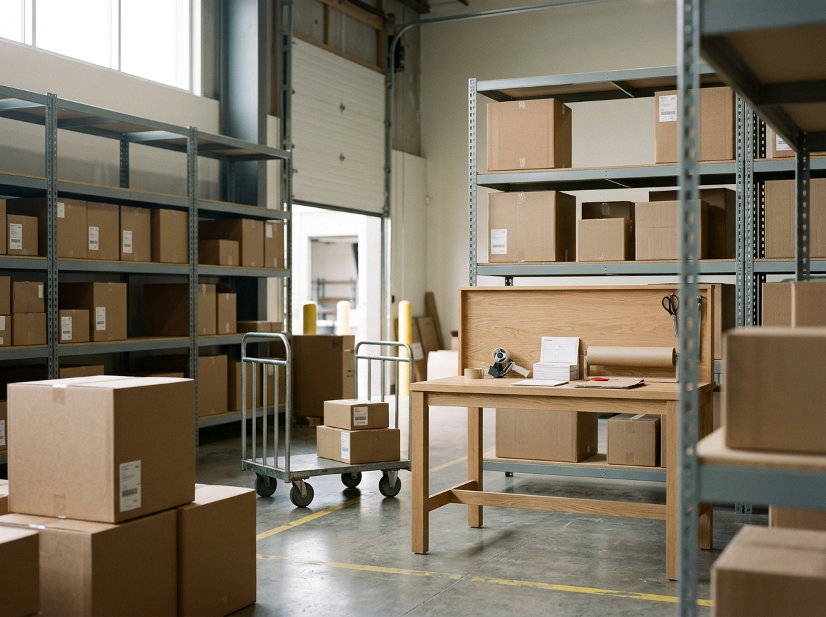 Warehouse with shelves stocked with brown boxes, a wooden work table with packing supplies, and a rolling cart with boxes near an open garage door.
