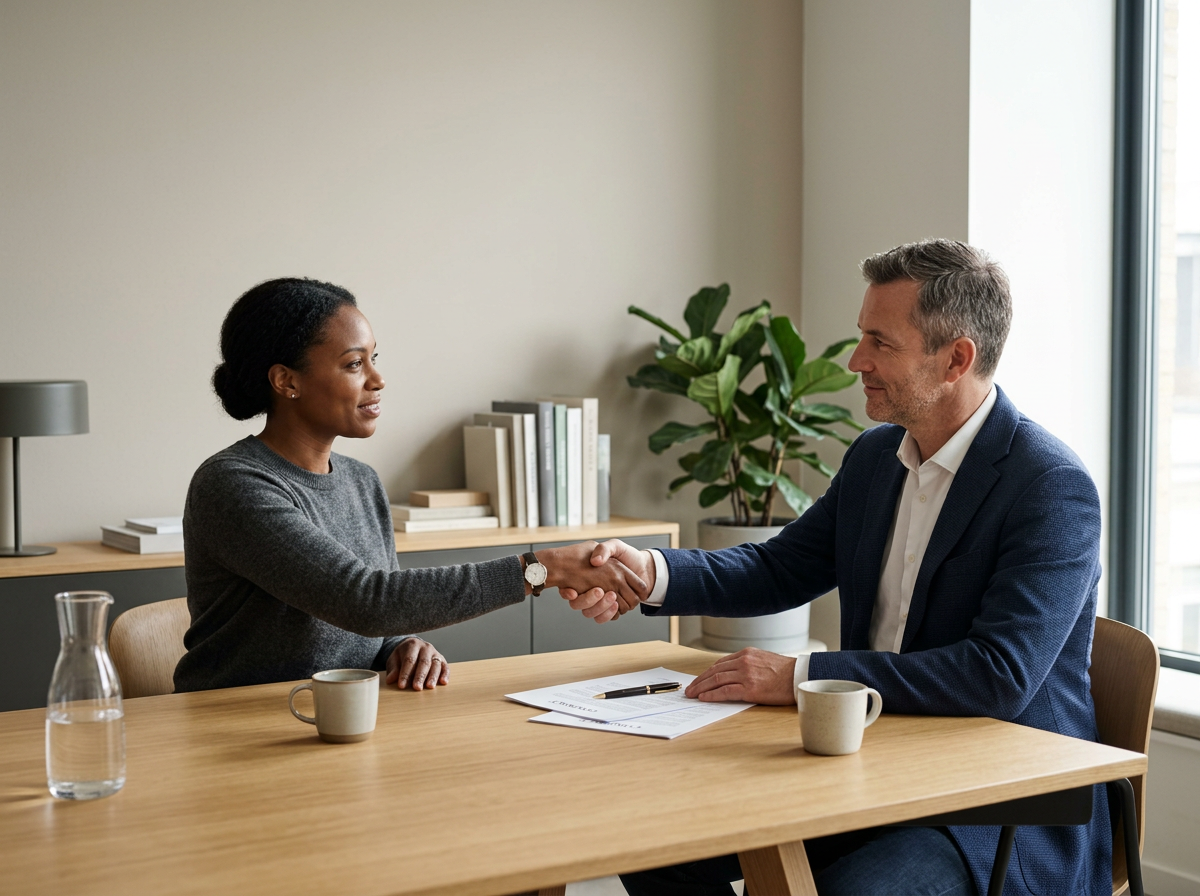 A woman and a man in a business setting shaking hands across a wooden table, with coffee mugs, a glass water pitcher, and documents on the table. A window and a bookshelf with plants are in the background.