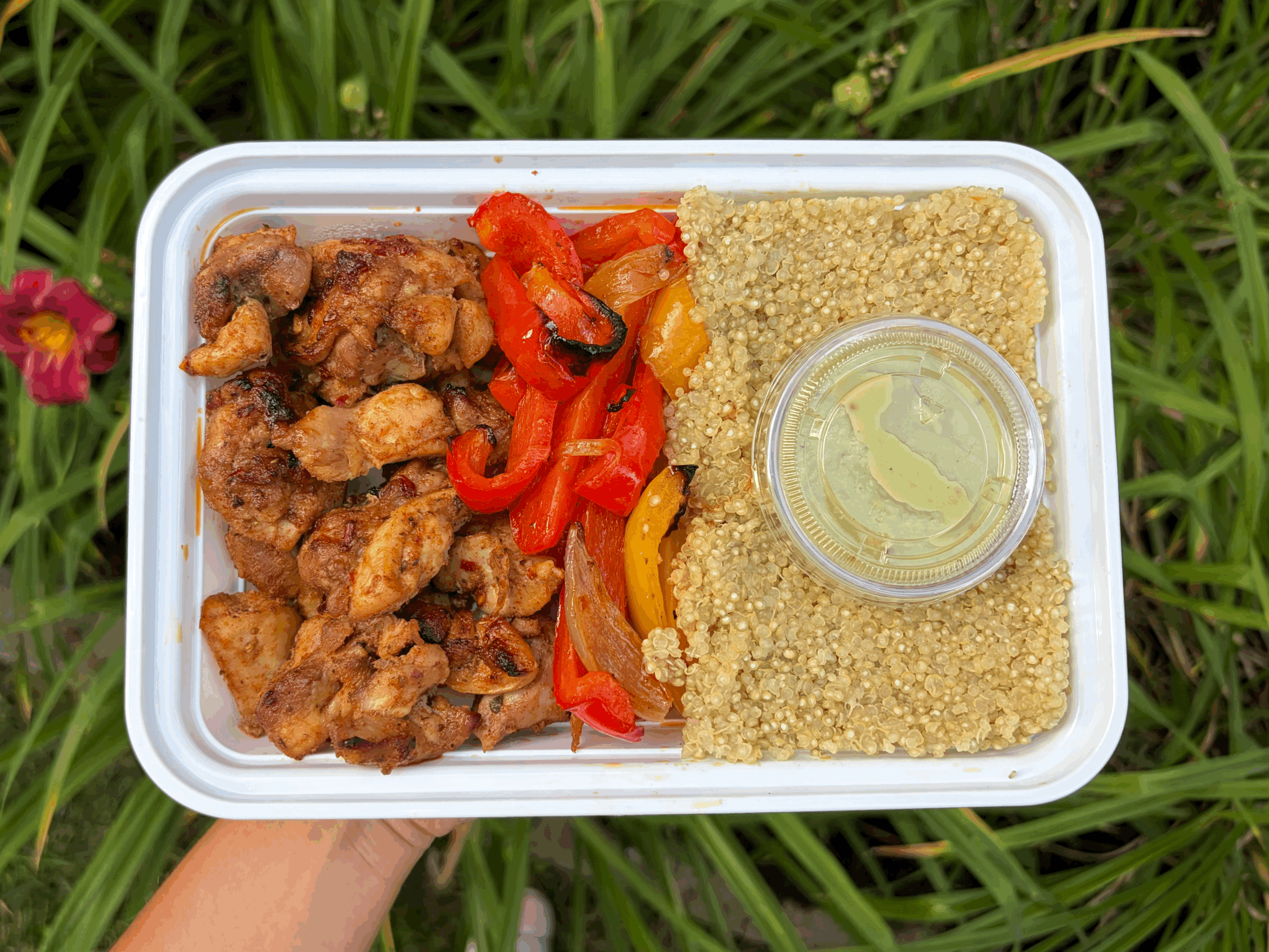 Deconstructed Chicken Thigh Fajita Bowl w/ Avocado Crema