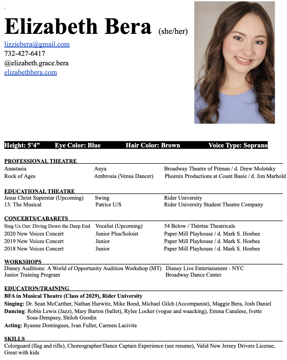 A professional resume for Elizabeth Bera, featuring her contact information, physical attributes, and her involvement in theatre, auditions, and training, with her photo showing a young woman with brown hair and blue eyes, smiling and wearing a light purple shirt.