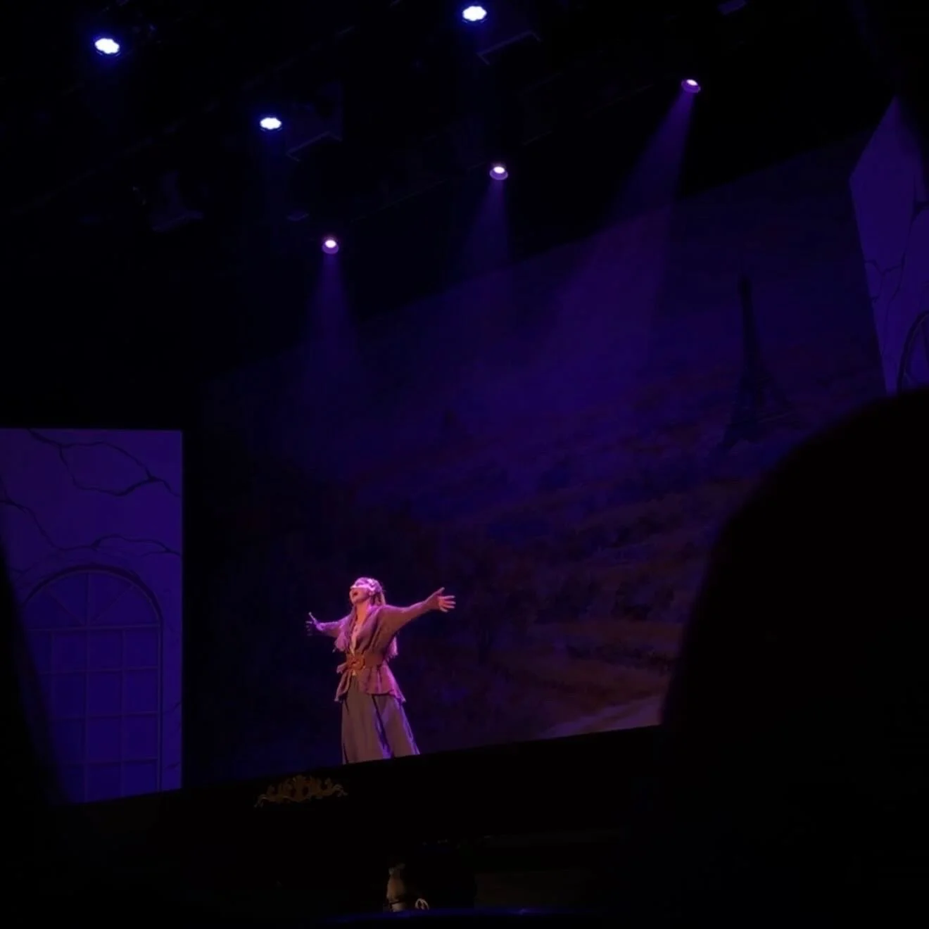 Performer on stage with arms outstretched, wearing costume and glasses, in a dimly lit theater with purple lighting and backdrop.