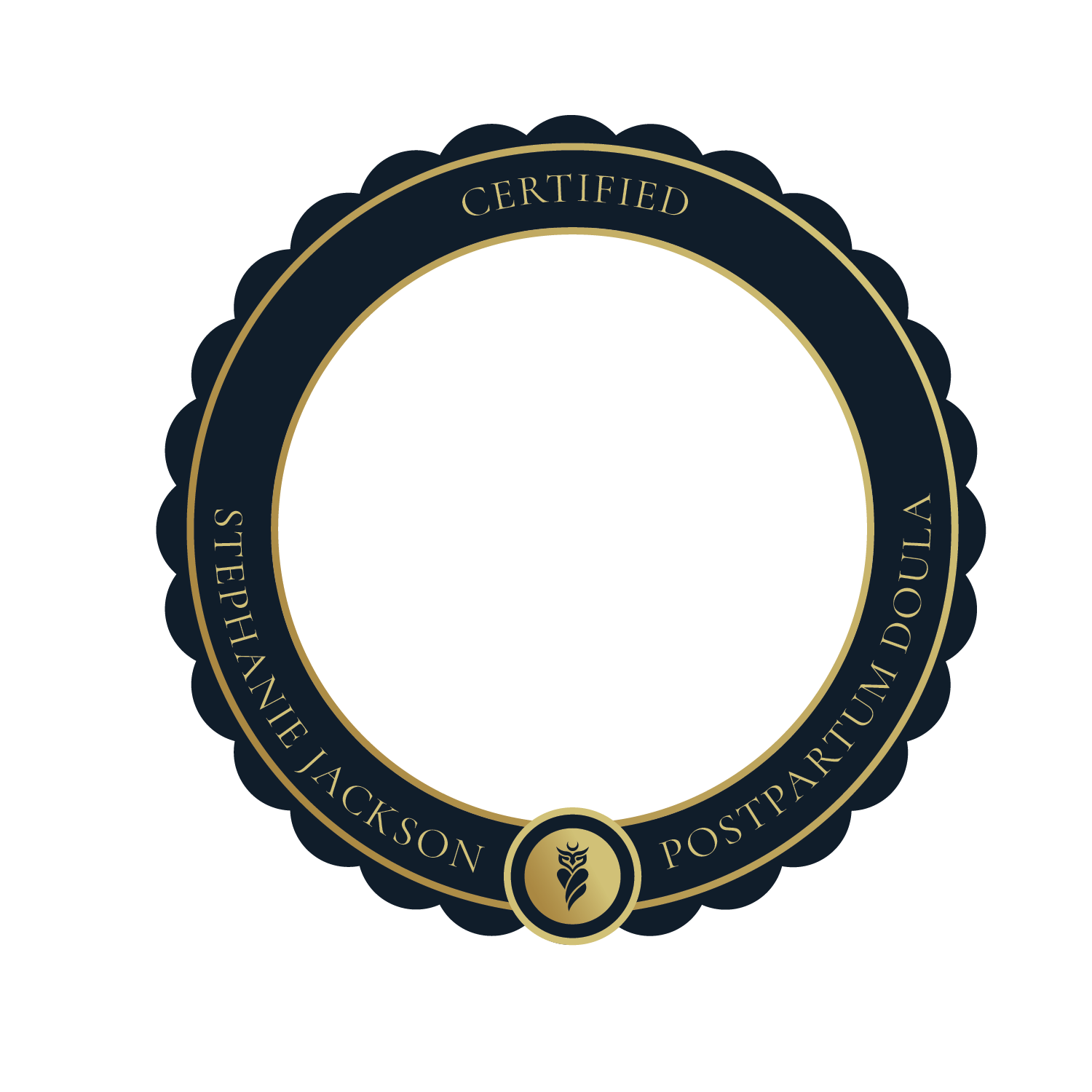 Seal with border, inner circle, and a central grandmother moon logo/emblem, featuring the text 'Certified Postpartum doula, Stephanie Jackson'.