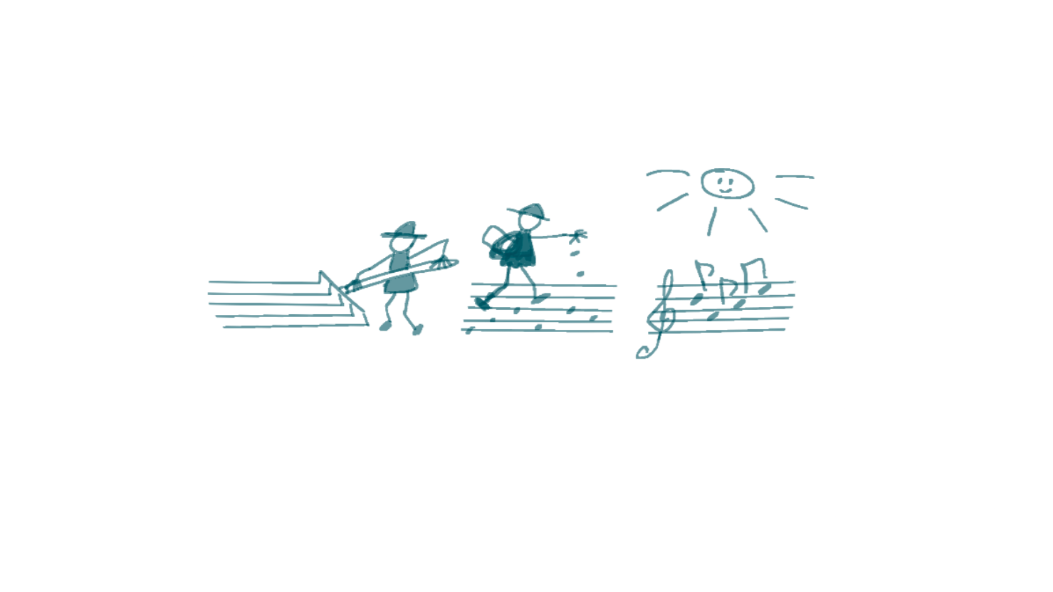 Hand-drawn doodle of children walking on musical staffs under a smiling sun