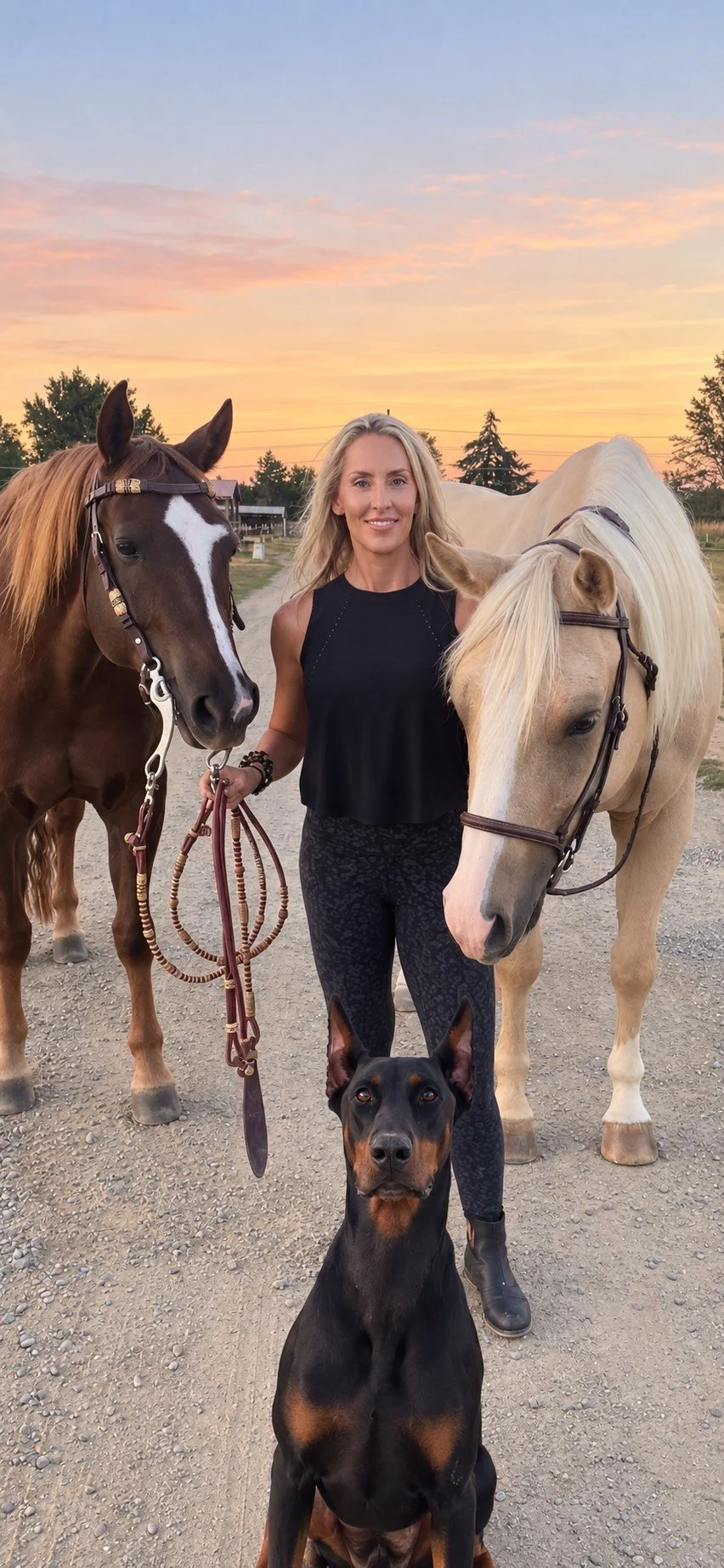 Nikki LaFord standing between two horses with her Doberman at sunset