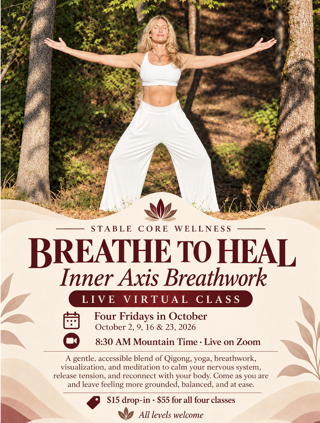 Inner Axis Breathwork flyer: live virtual class on Zoom, Fridays in October at 8:30 AM Mountain Time, $15 drop-in or $55 for all four classes