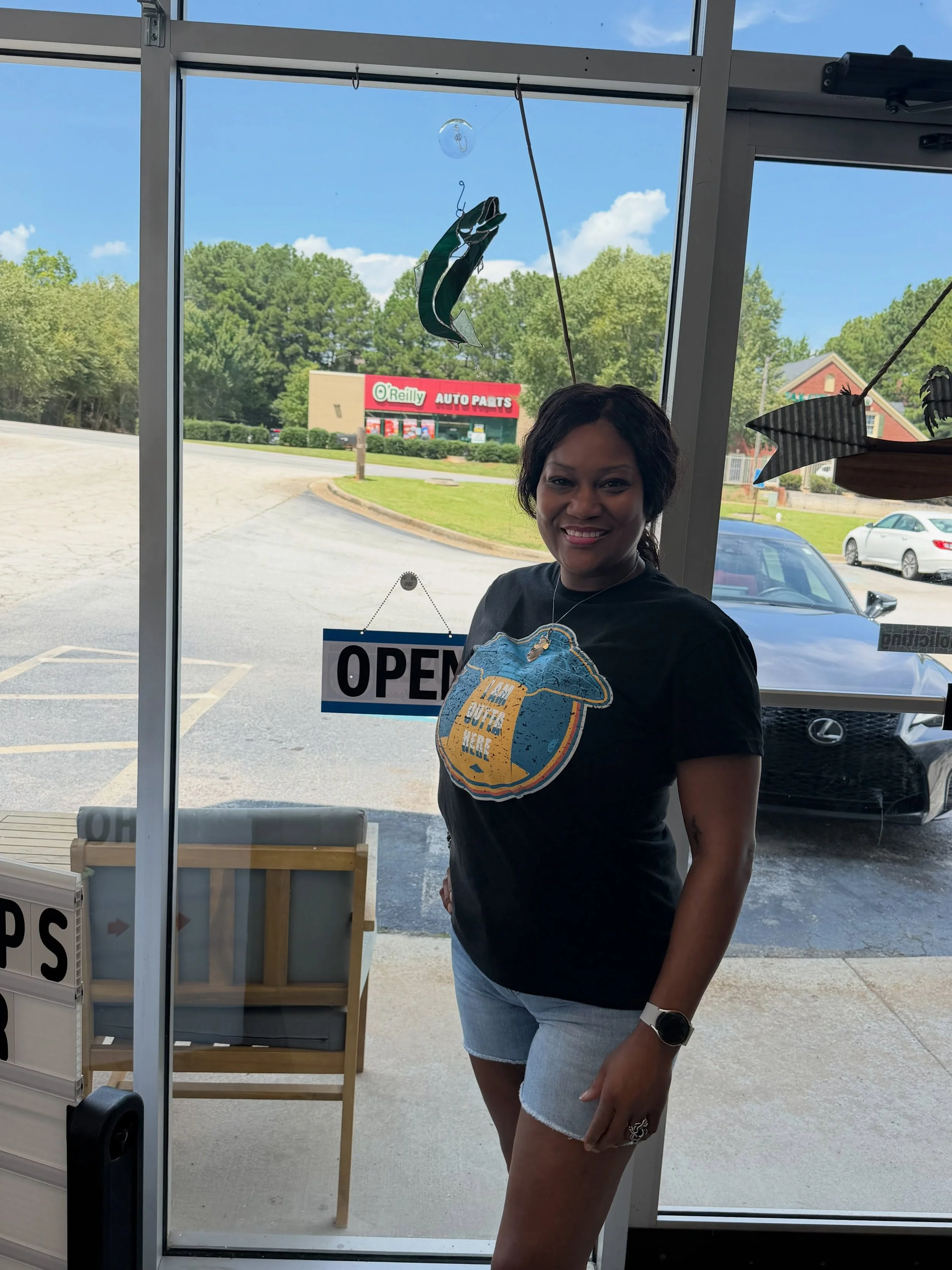 This sweet lady here is super special.  She came into the shop, looked around, went home and came back with this beautiful stained glass fish with the fishing pole.  I am so thankful for friends like her. @cjbmom03  #momandpopsbutchershop #stainedgla
