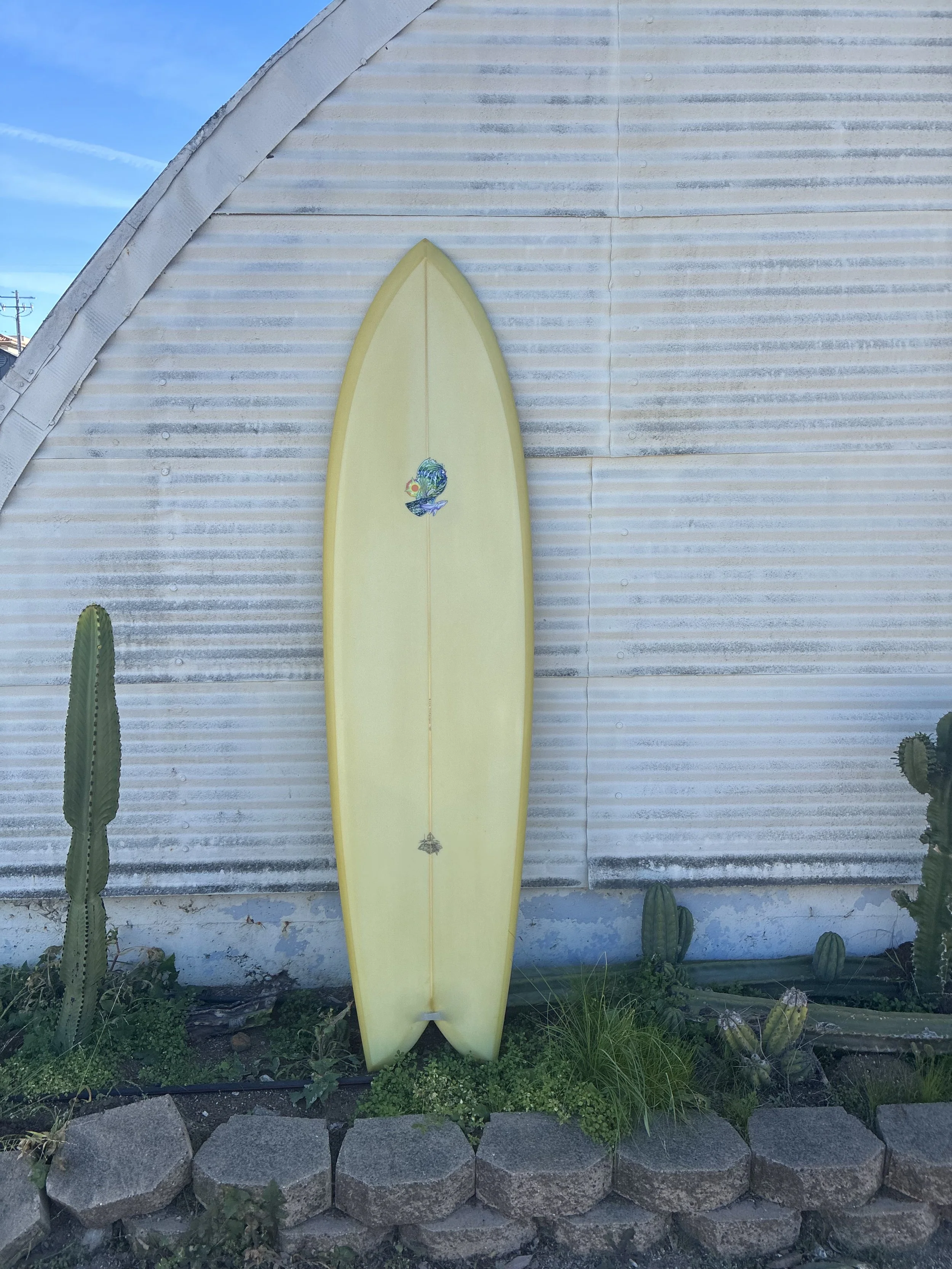 Yellow surfboard with a colorful parrot design leaning against a corrugated metal wall, with cactus plants in the foreground.