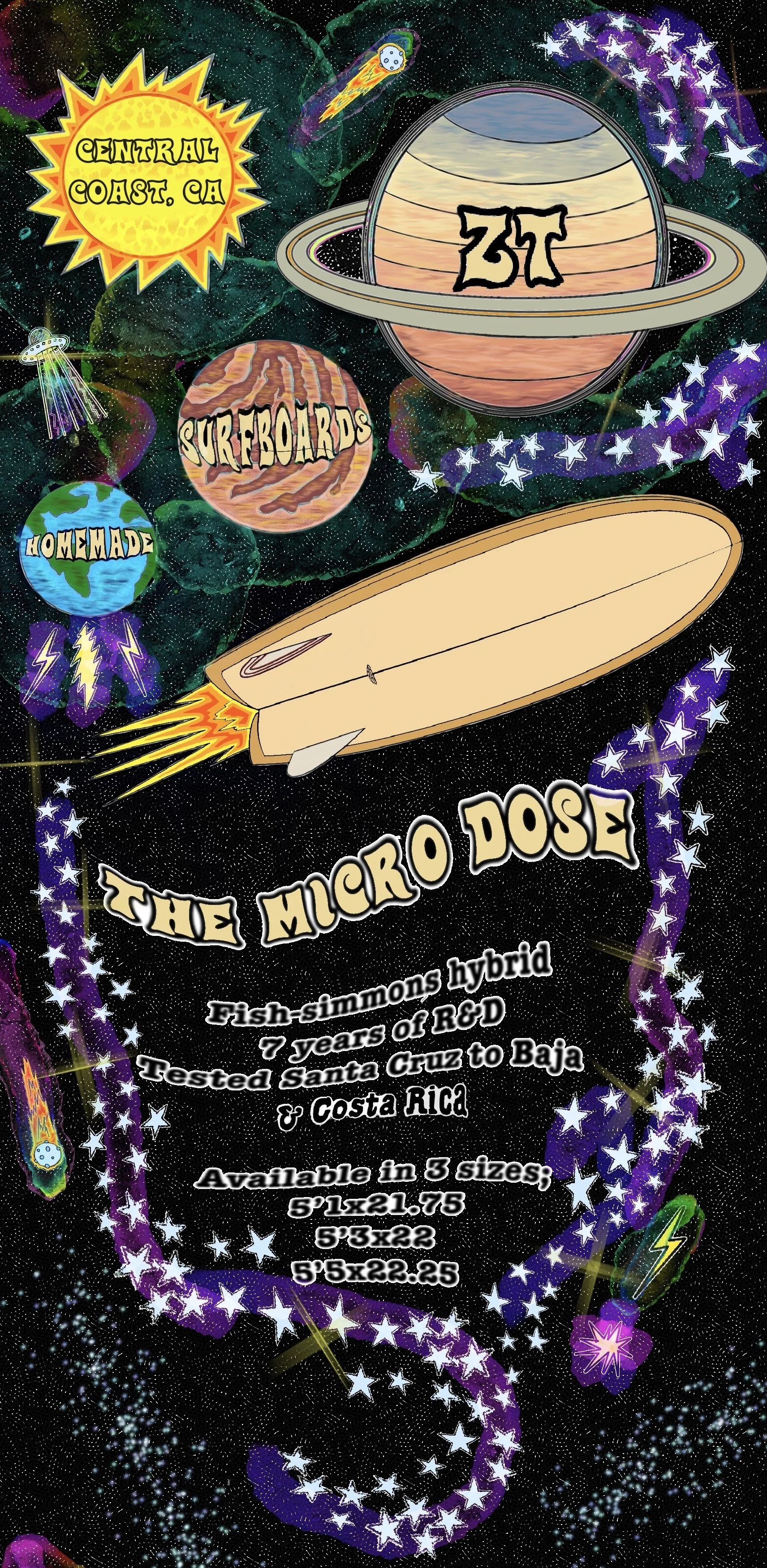 A colorful, space-themed advertisement for the fish-simmons hybrid skateboard called The Mars Dose, indicating it is tested in Santa Cruz and Costa Rica, with sizes available and space graphics including planets, stars, and a spaceship.
