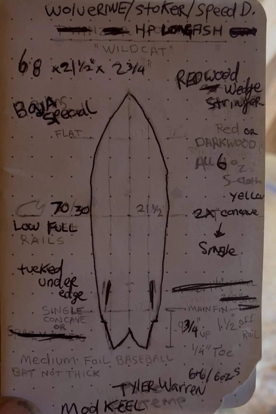 Hand-drawn diagram of a wooden baseball bat with measurements and specifications written around it, including details about materials, finish, and dimensions.