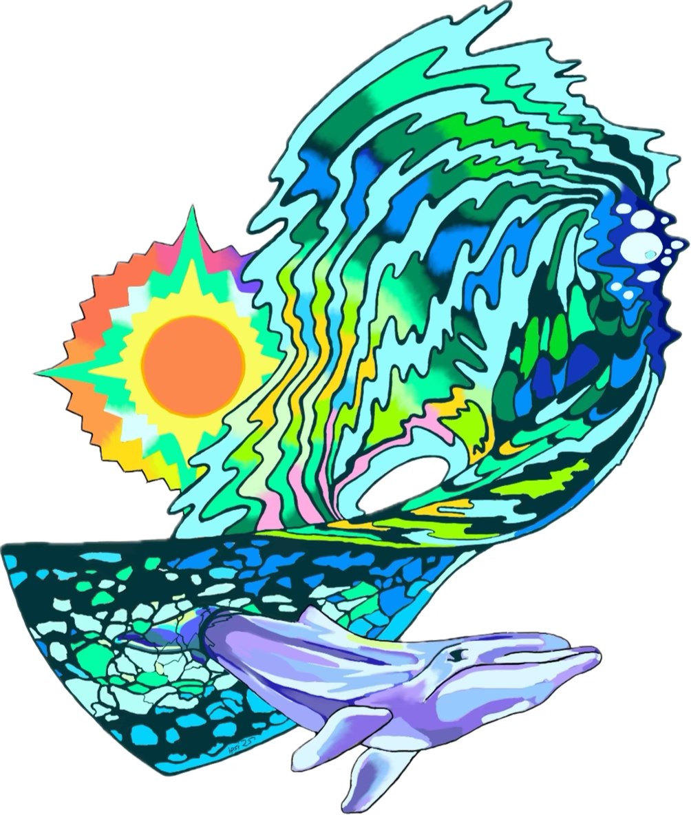Colorful illustration of a whale with a wave, sun, and abstract water patterns.