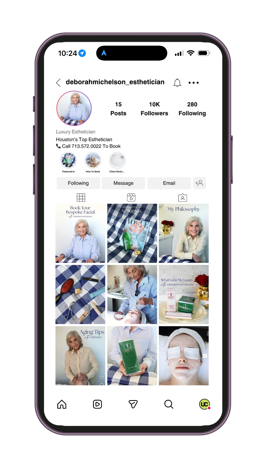 Instagram profile page of deborahmichelson_esthetician featuring posts related to facial treatments and skincare.