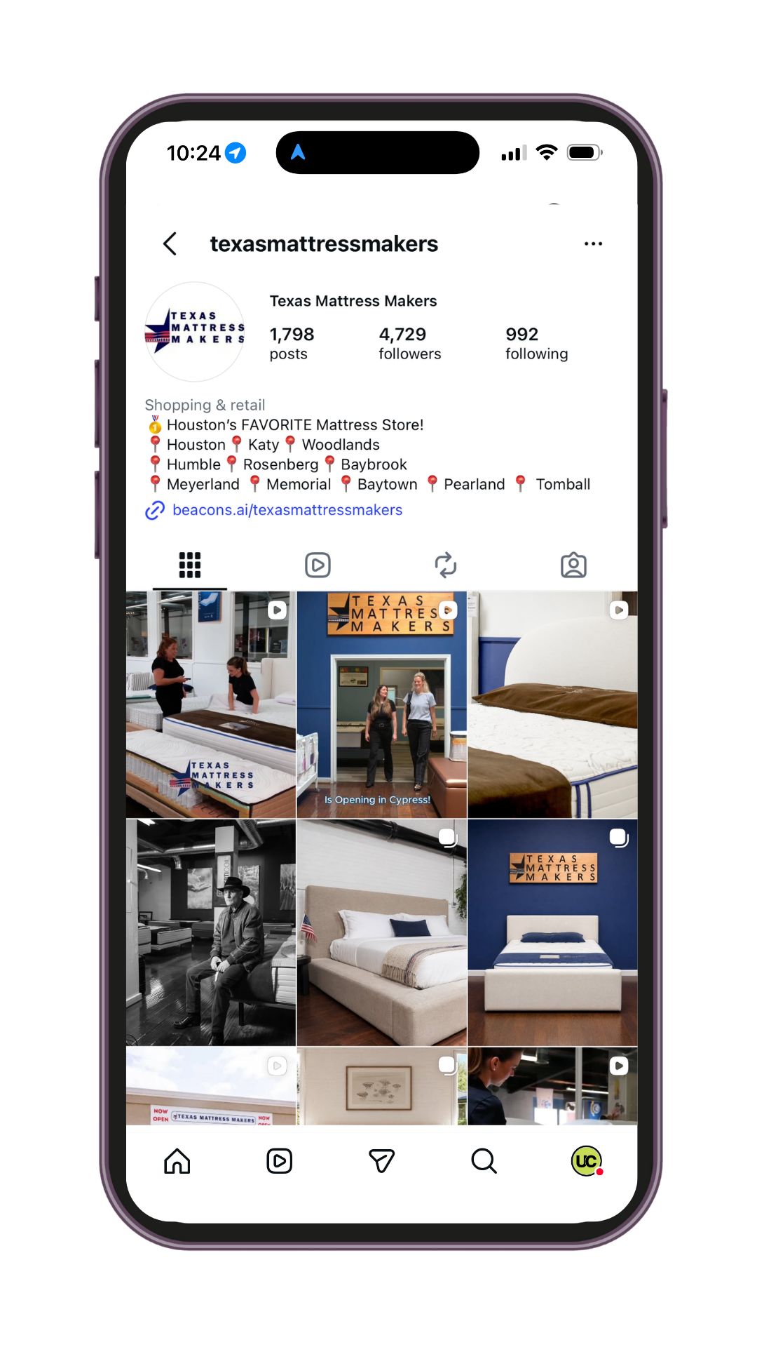 Instagram profile page for Texas Mattress Makers showing photos of mattress displays, store interiors, and store staff.