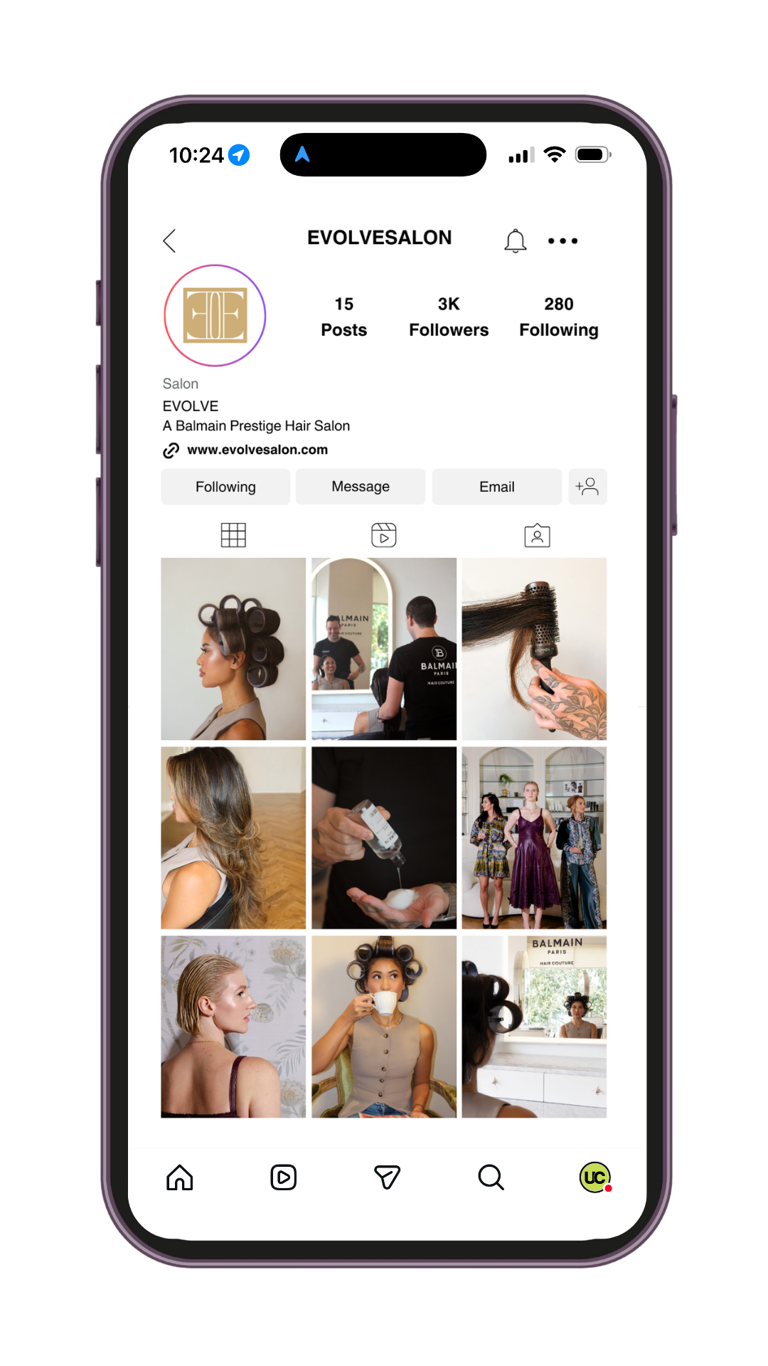 Instagram profile of EVELSALON, a hair salon, showing profile picture, statistics, website link, and grid of photos featuring hair styling, hair care products, and salon customers.