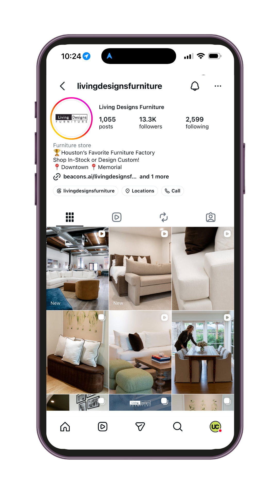 Mobile phone screen displaying Instagram profile for livingdesignsfurniture, showing profile picture, follower count, brief description, website link, and several images of interior furniture and design.
