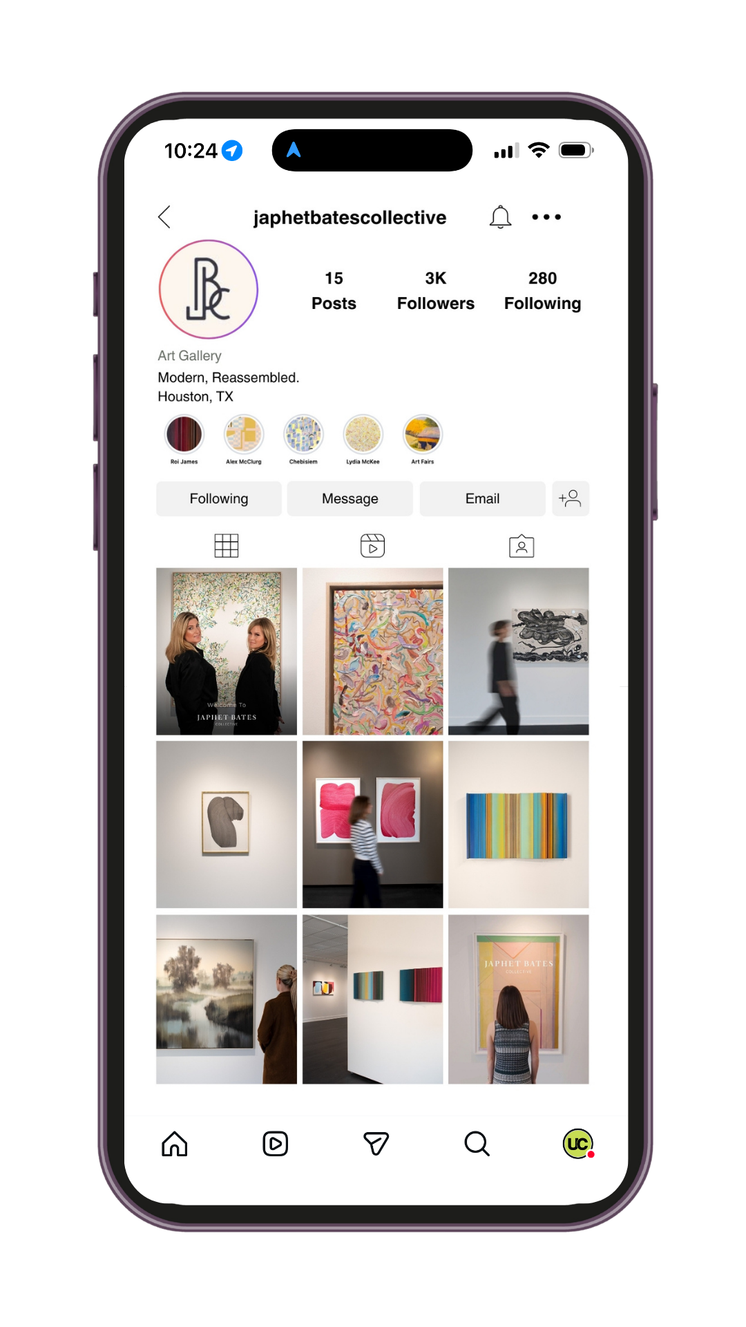 Instagram profile page for art gallery 'japhetbatescollective' featuring photos of artworks and visitors at the gallery.