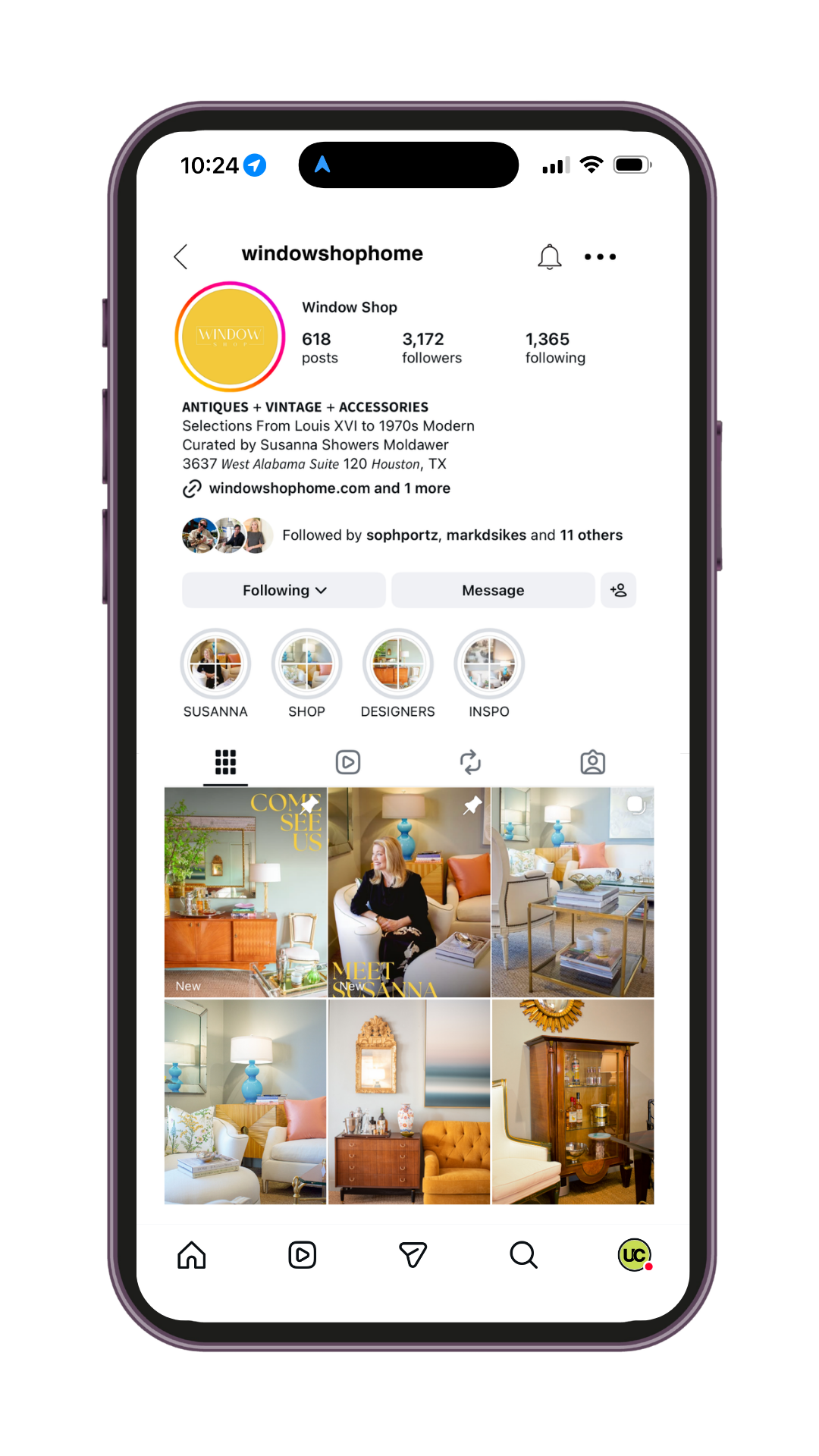 Instagram profile page for windowshophome showing posts of vintage and antique furniture and decor in a grid layout.