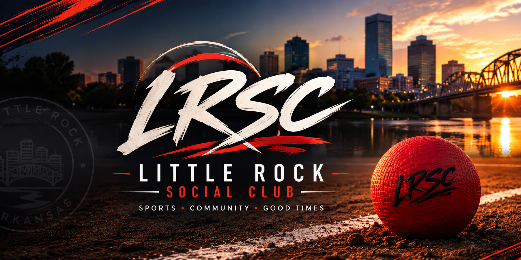 Sunset skyline of Little Rock, Arkansas with a football and logo for LRSC Little Rock Social Club in the foreground.