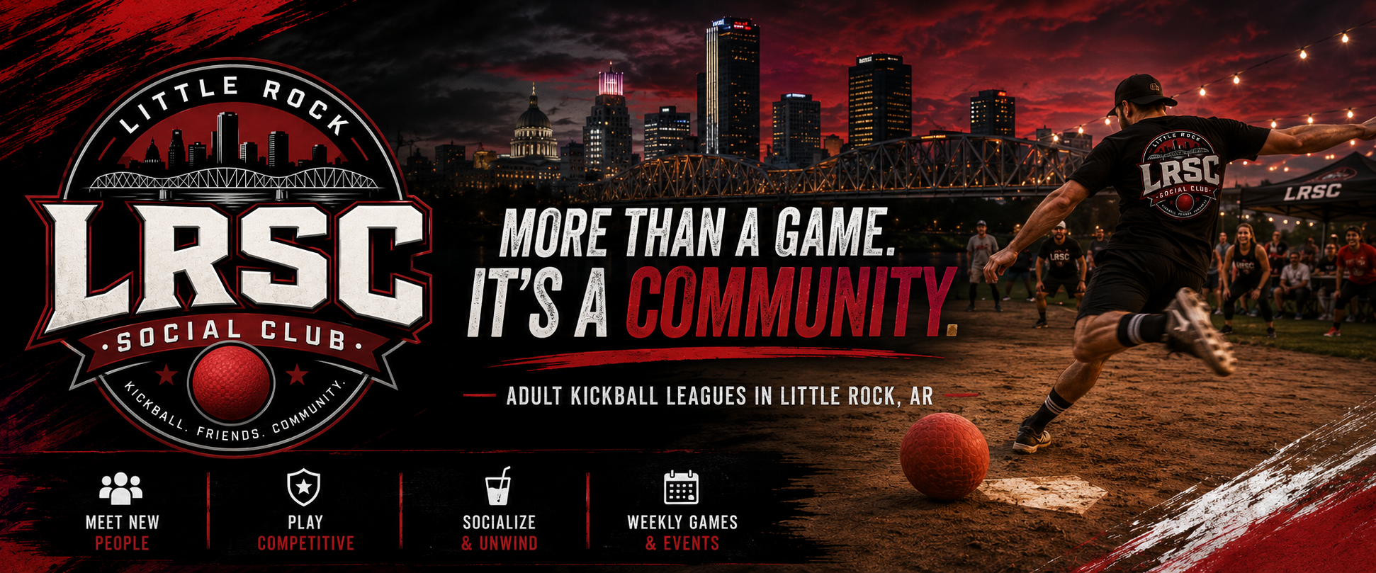 A promotional image for Little Rock LRSC Social Club adult kickball league showing a city skyline at sunset, a player kicking a ball on the field, and spectators in the background. The text reads: 'More than a game. It's a community,' along with league details and icons for social activities.