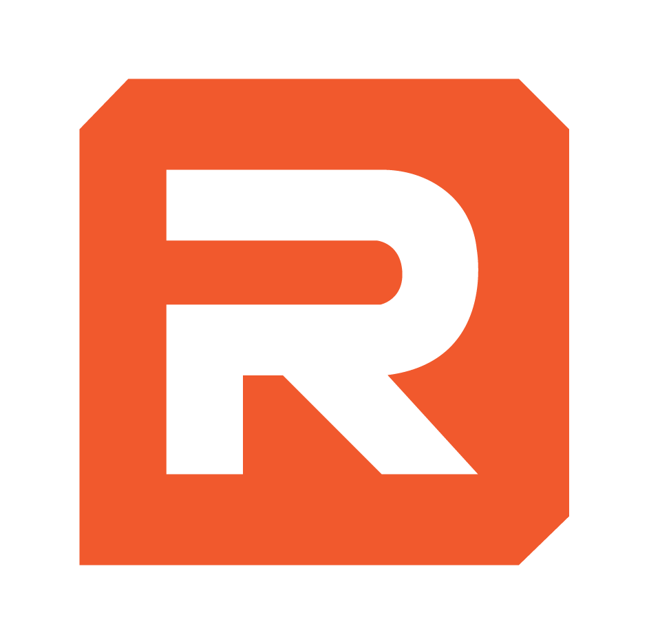 A logo with a bold black letter 'R' on an orange square background.