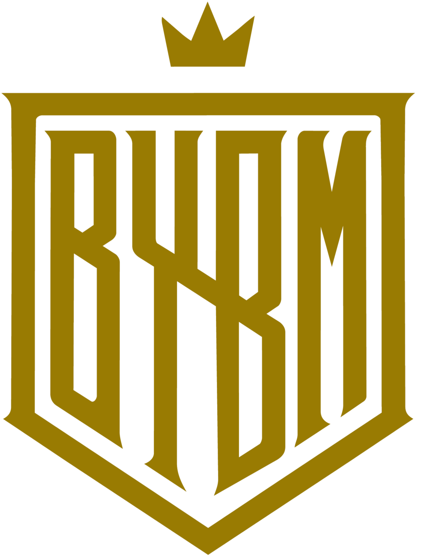 Gold BYBM Fatherhood logo with a three-dimensional appearance, featuring a stylized shield