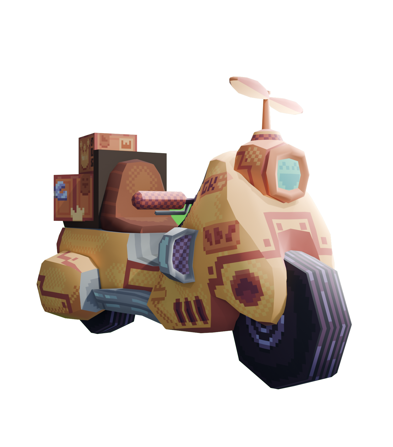 A stylized, low-poly digital illustration of a futuristic motorcycle with a beige and brown color scheme, featuring a large rear wheel, a small front wheel, a headlight with a digital display, and a propeller on top.