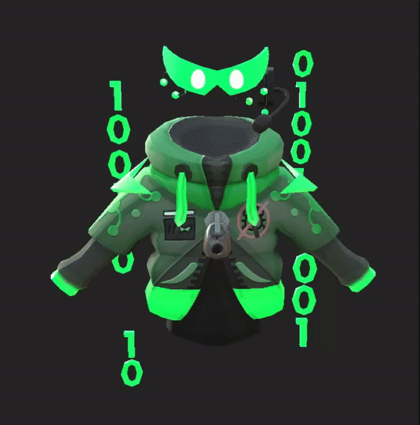 A digital illustration of a character resembling an anthropomorphic creature with a military jacket, headphones, and glowing green elements, featuring binary code and a stylized face or mask above it.