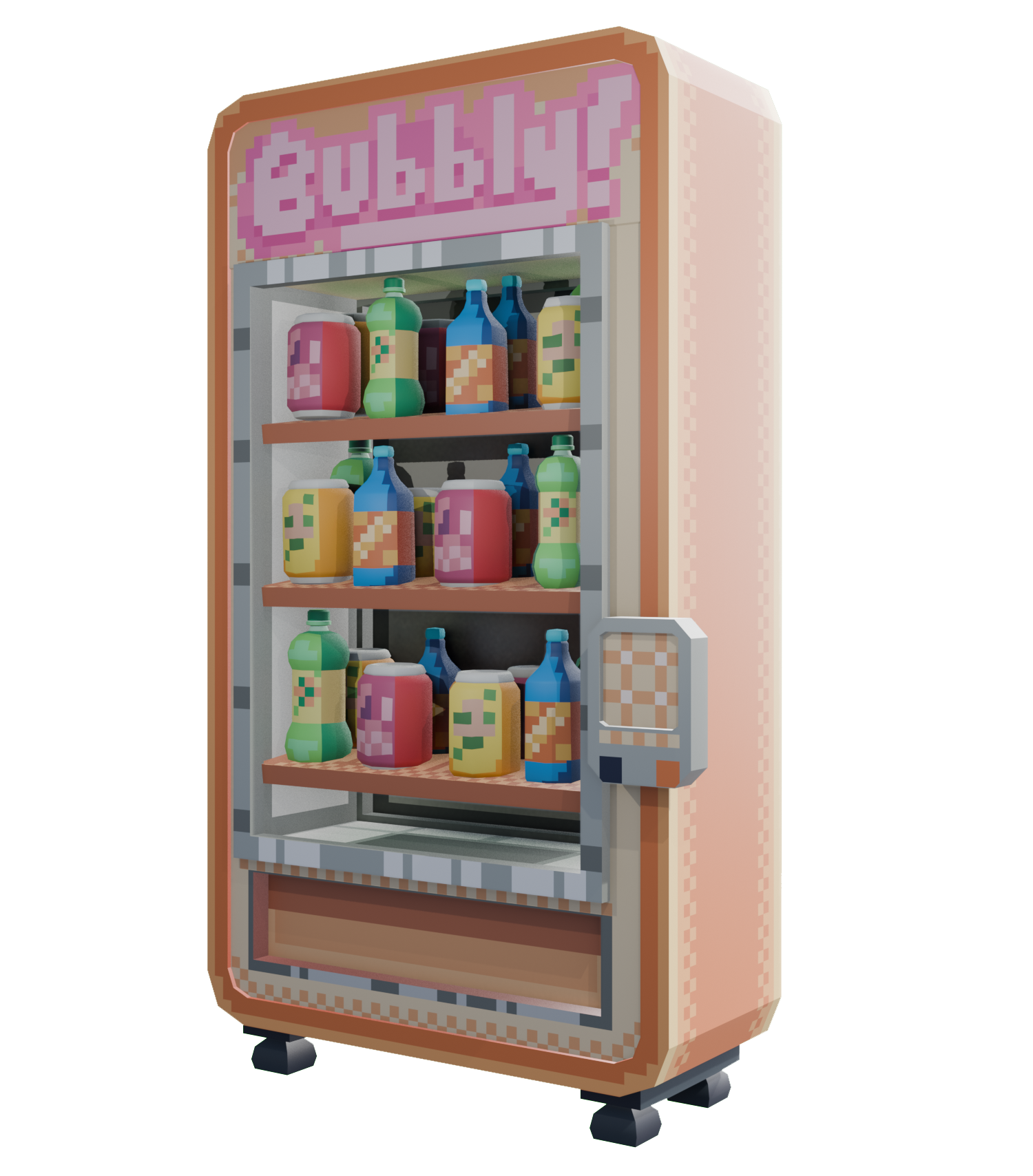 A vending machine with the word "bubbles" on top in pink pixelated text, filled with colorful pixelated bottles.
