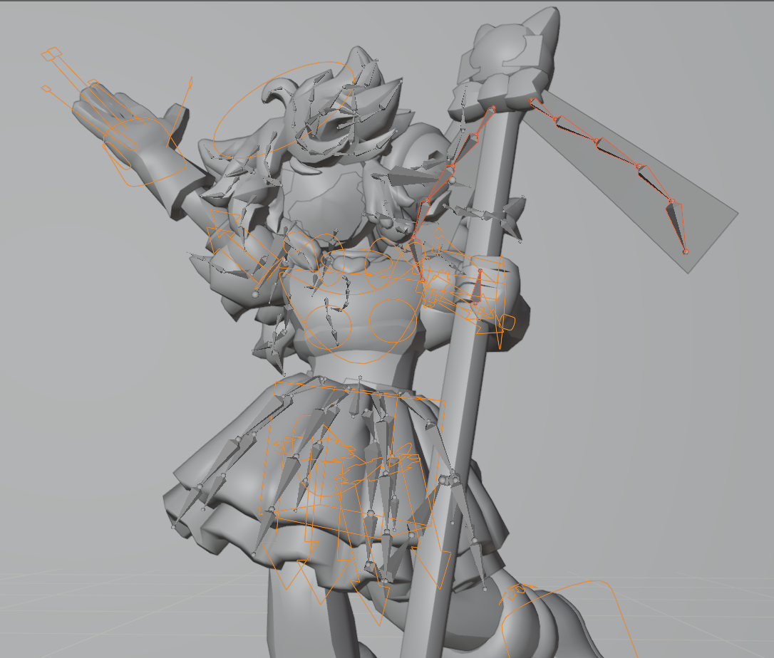 3D model of a warrior character with armor, holding a large weapon, and wearing a skirt, during the modeling process with rigging visible.