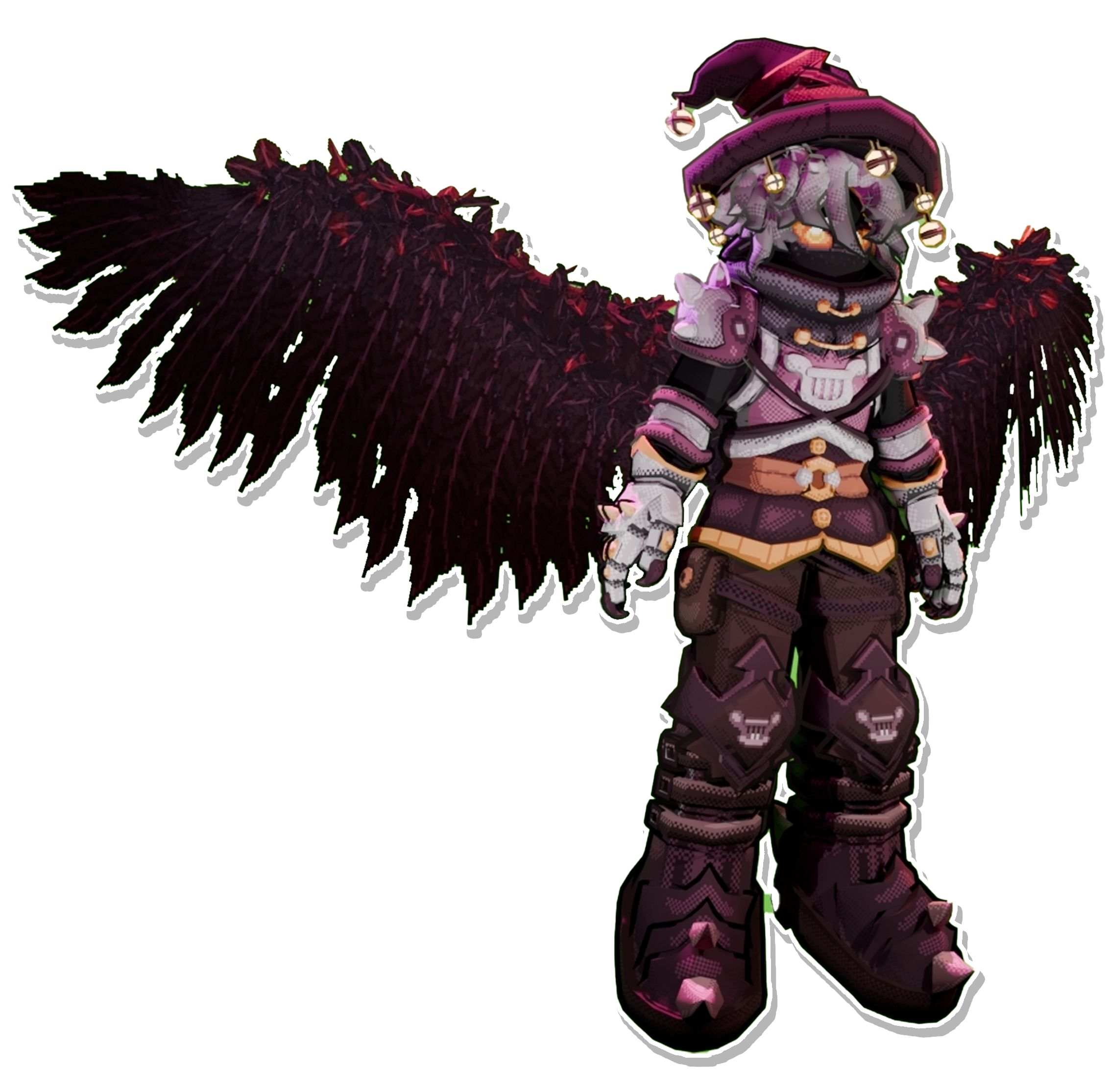 A stylized, animated character with purple skin, black wings, and a purple wizard hat decorated with bells.