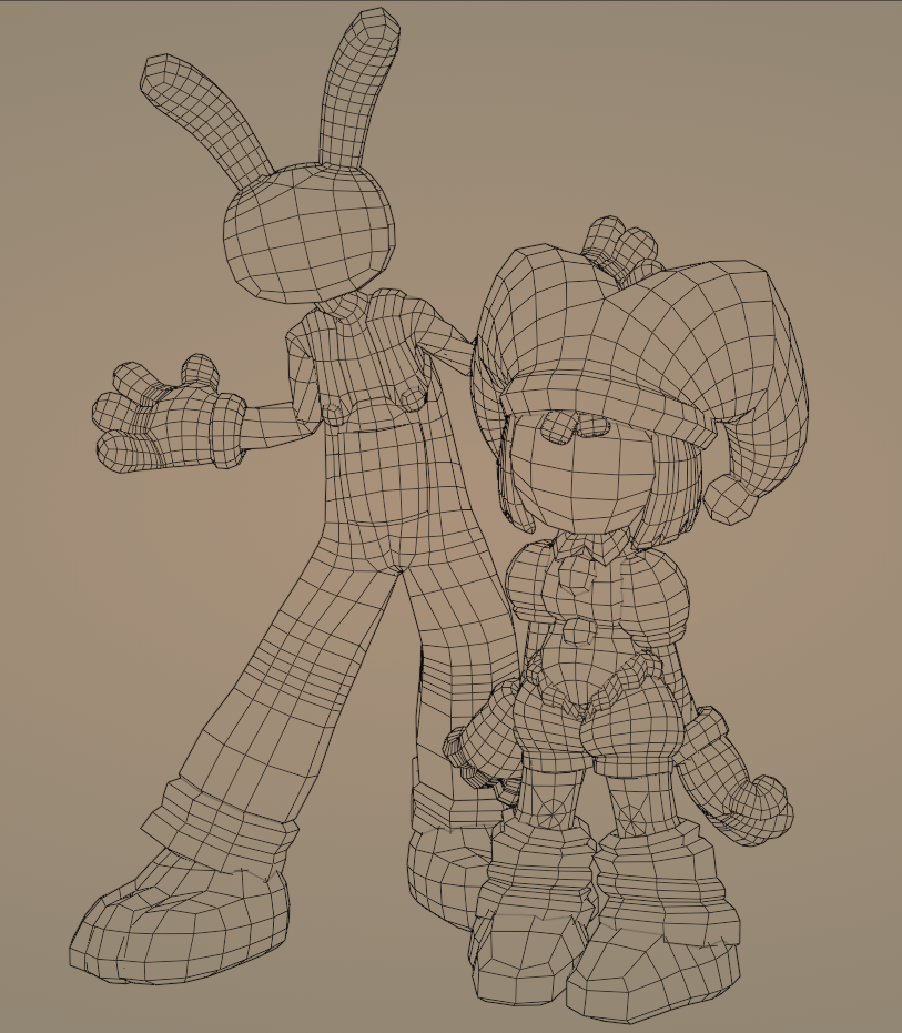 Wireframe 3D models of a rabbit-like character and a young girl with a large hat and boots.