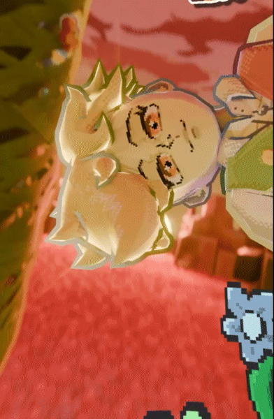 A stylized paper or cardboard doll of a girl with blonde hair, glasses, and a bow, on a pink background, likely from a digital game or craft display.
