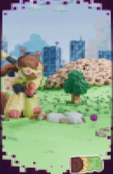 Pixelated illustration of a character in a green outfit with a pink hat, a tree, rocks, grass, and a cityscape background.