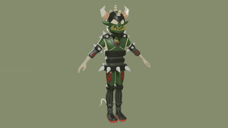 A humanoid character with green skin dressed in armor and clothing resembling a goblin or orc, with a mischievous expression, tall hat, and a tail, standing against a plain green background.